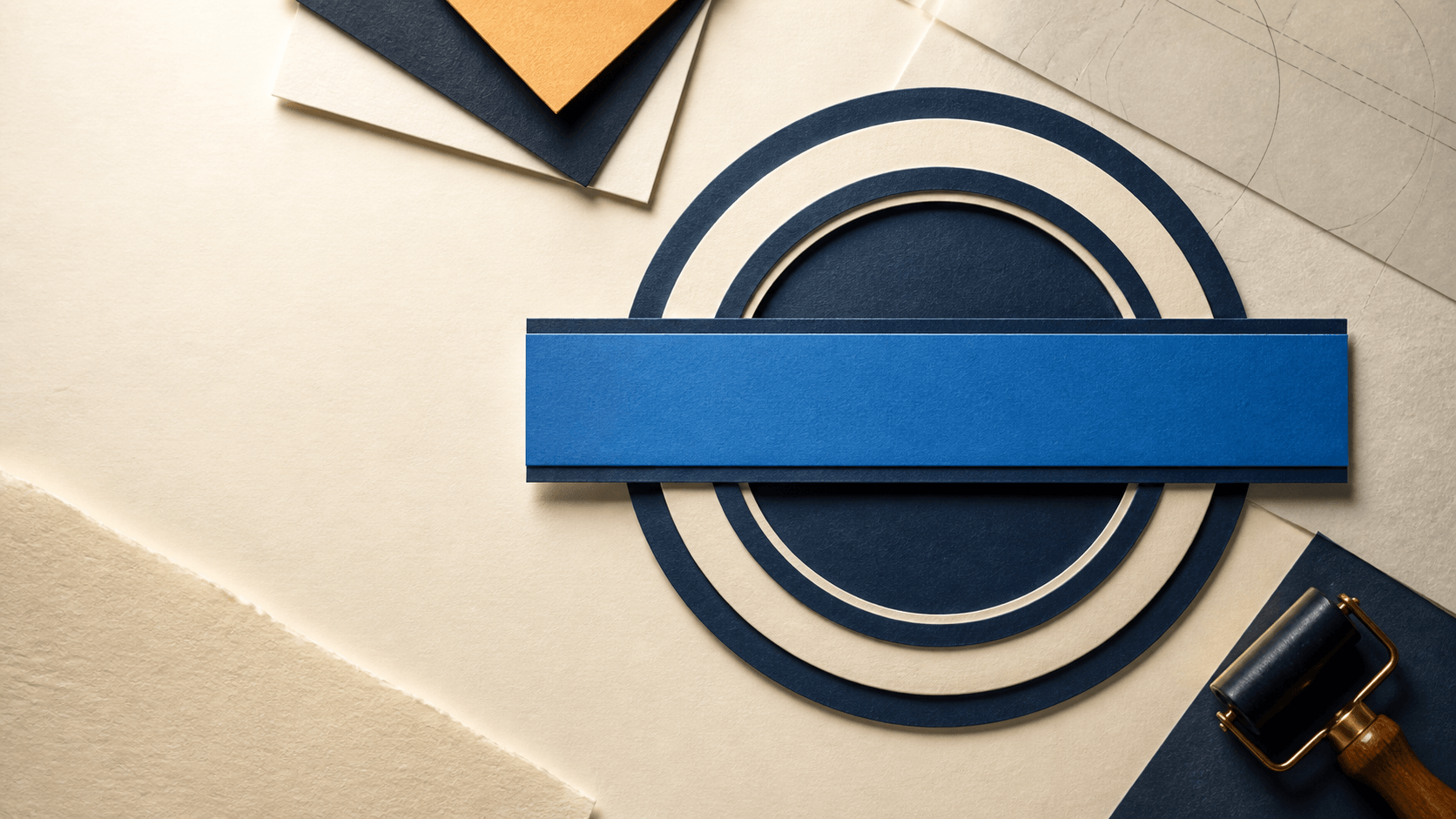 Banner seal design with a brand name crossing a round stamp