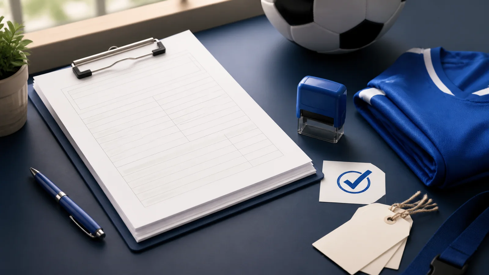Community sports registration table with forms, numbered jerseys, ball, equipment tags, clipboard, and blue stamp pad