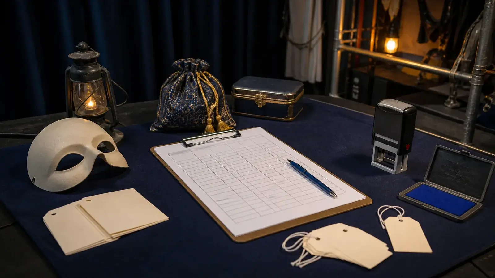 Backstage prop table with mask, lantern, small case, blank inventory cards, custom stamp, and blue ink pad