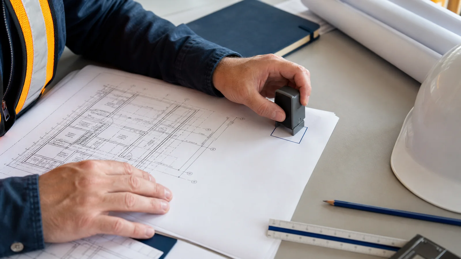 Construction team reviewing stamped drawings on a site desk