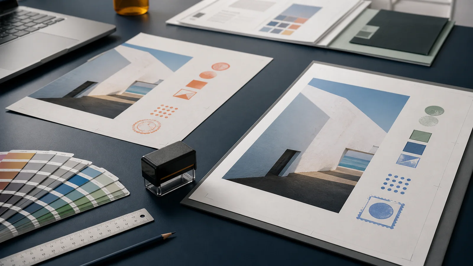 Creative studio desk with campaign proofs, color swatches, a laptop, and a geometric approval stamp