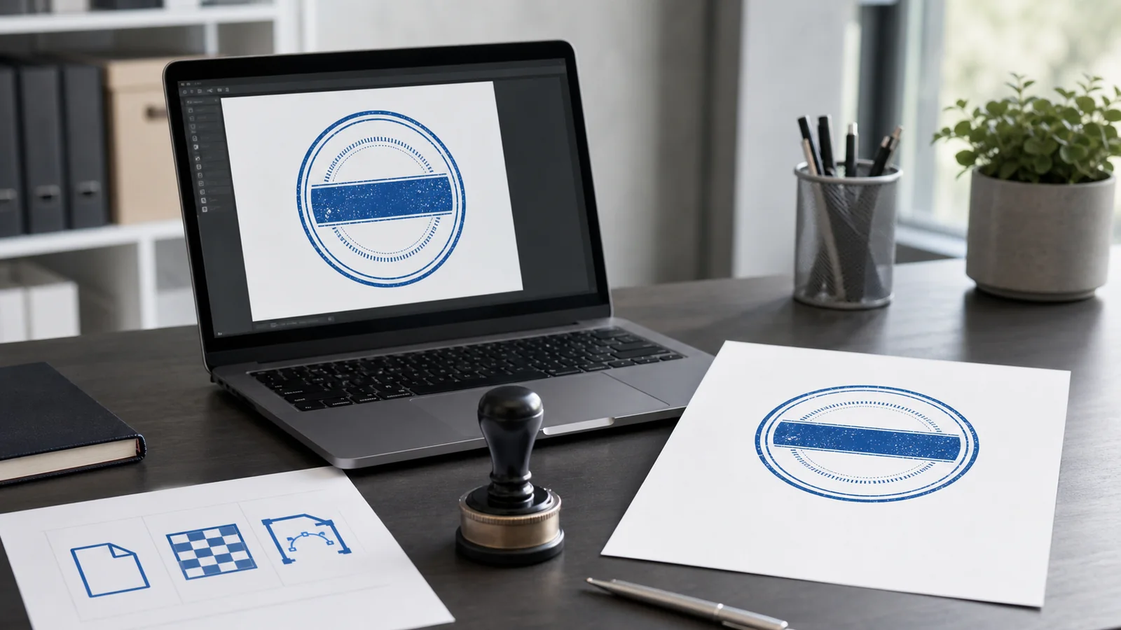 digital stamp artwork on a laptop beside a printed proof and physical stamp