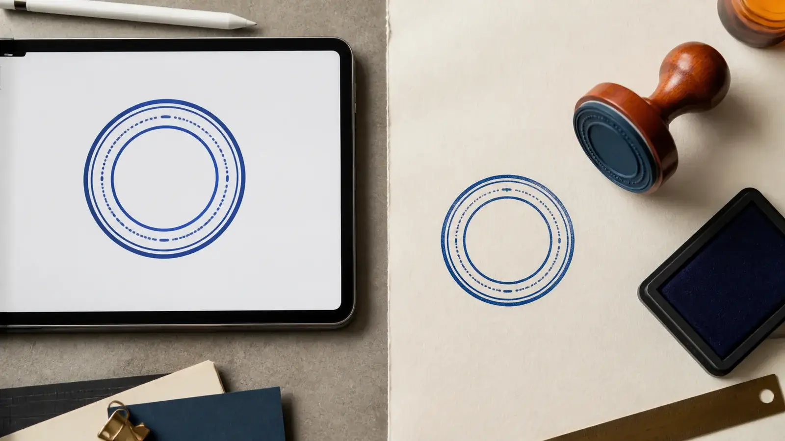 Digital stamp artwork beside a physical rubber stamp impression