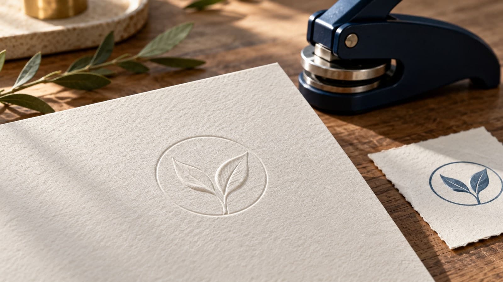 Blind embossed botanical mark on uncoated paper beside a handheld paper embosser