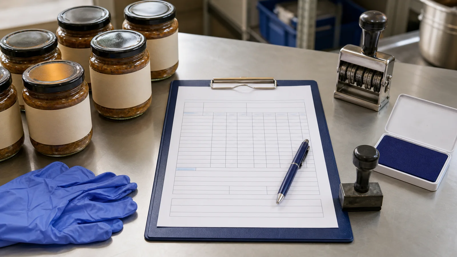 Clean small-batch production desk with sealed jars, batch sheet, date wheel, gloves, labels, and blue stamp pad