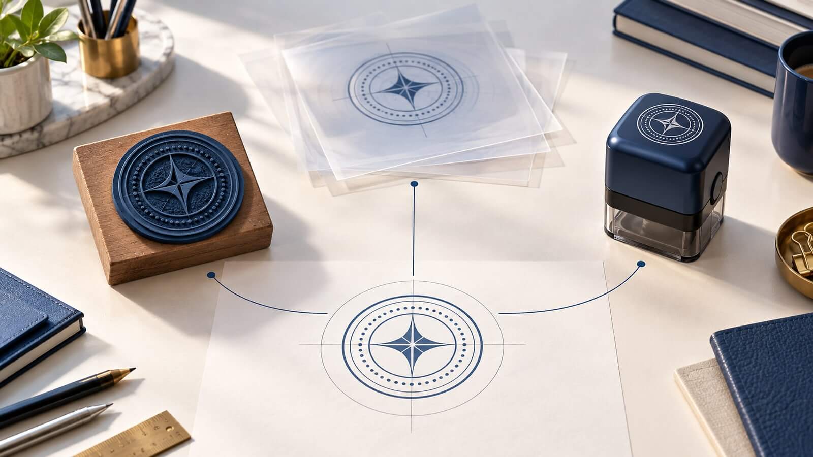 A controlled stamp master branching into physical, document, and mobile printing variants