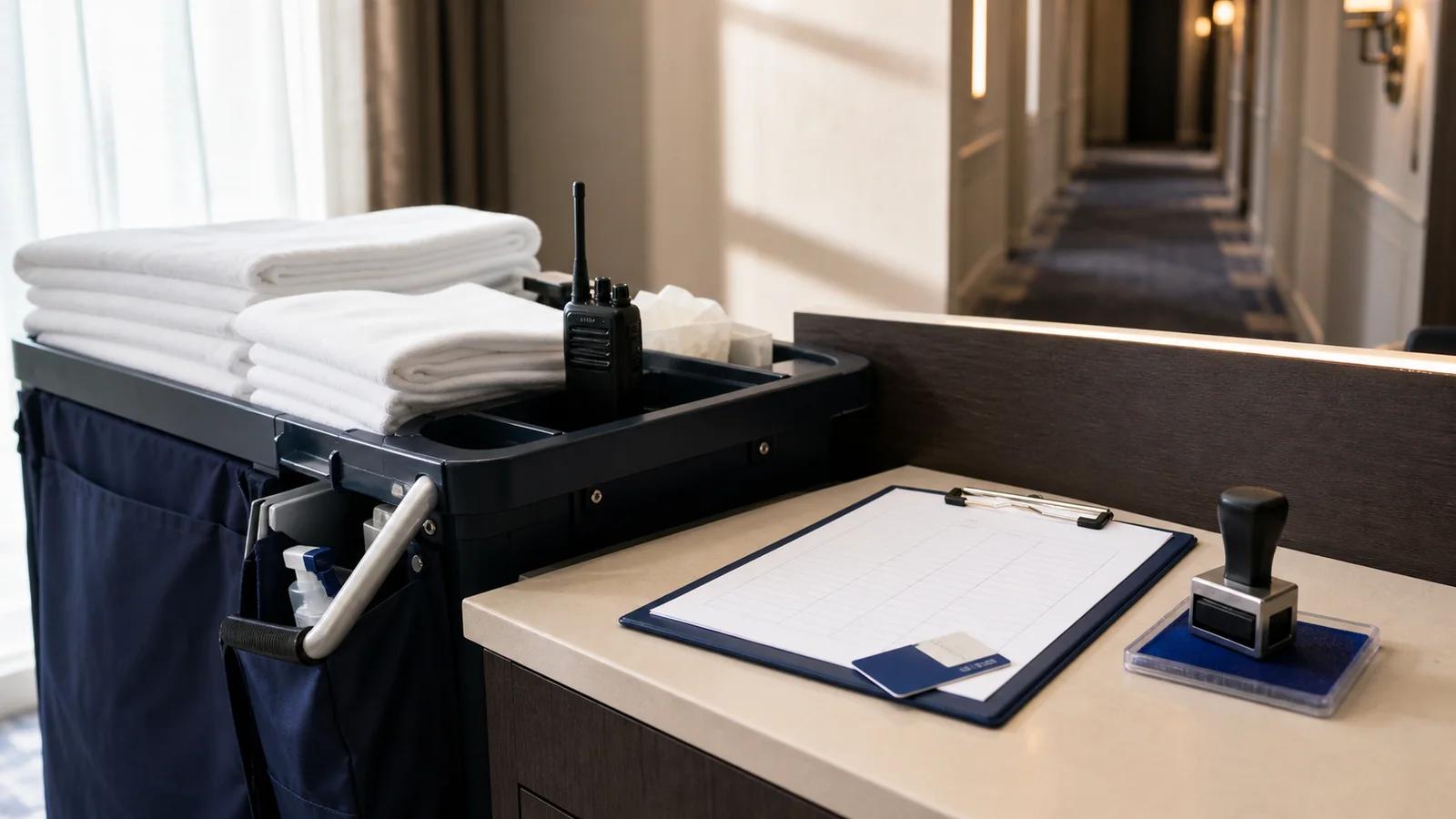 Hotel housekeeping cart beside a room-status sheet, key card, radio, clipboard, and blue stamp pad
