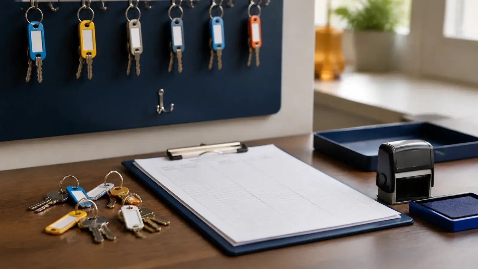 Facilities desk with key hooks, blank register, rectangular stamp, and blue ink pad