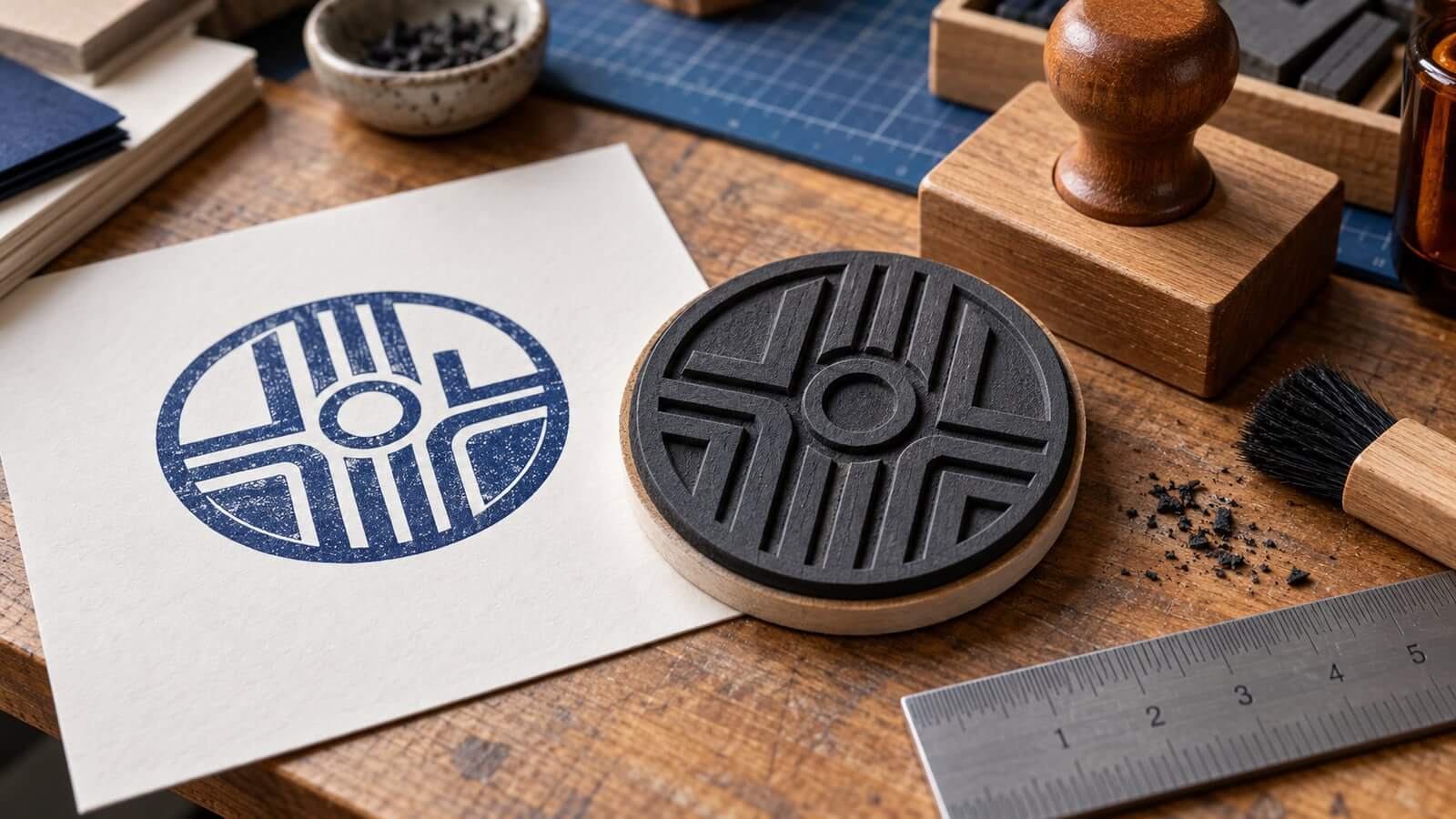 Digital stamp proof beside a laser-engraved rubber plate and mounting hardware