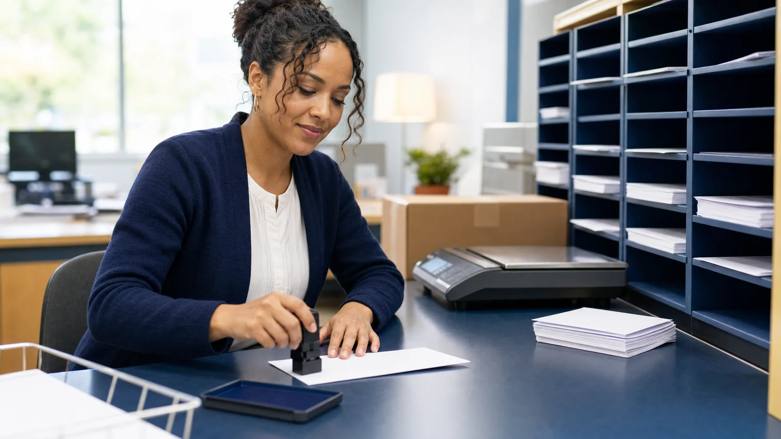 Hybrid office mailroom with organized routing stamps and parcels