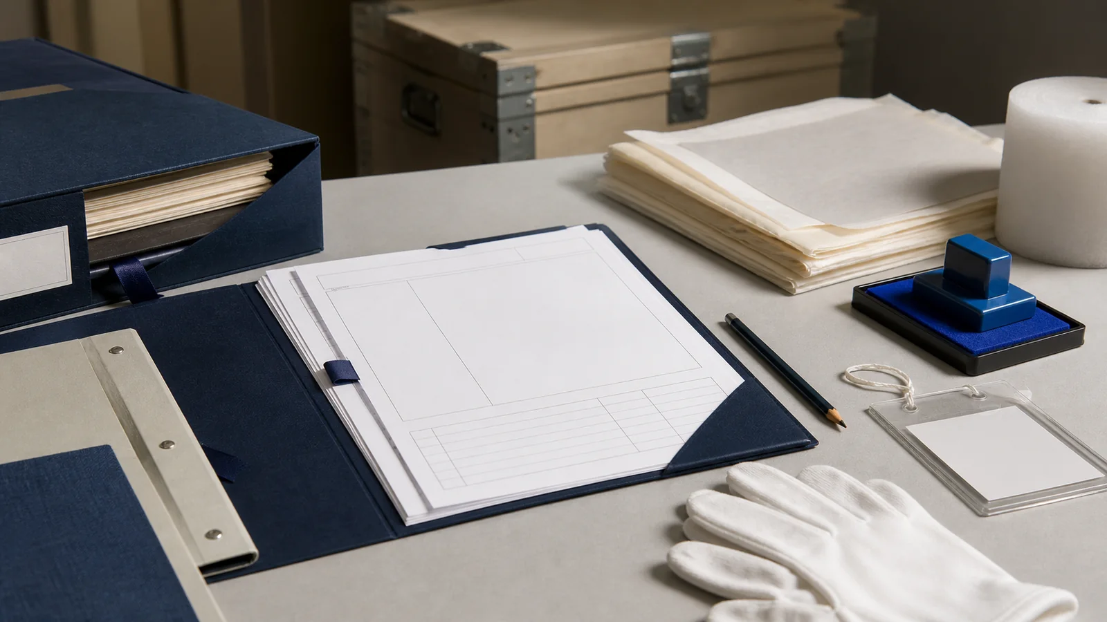 Museum preparation table with archival folders, gloves, crate tag, condition sheet, pencil, and blue paperwork stamp