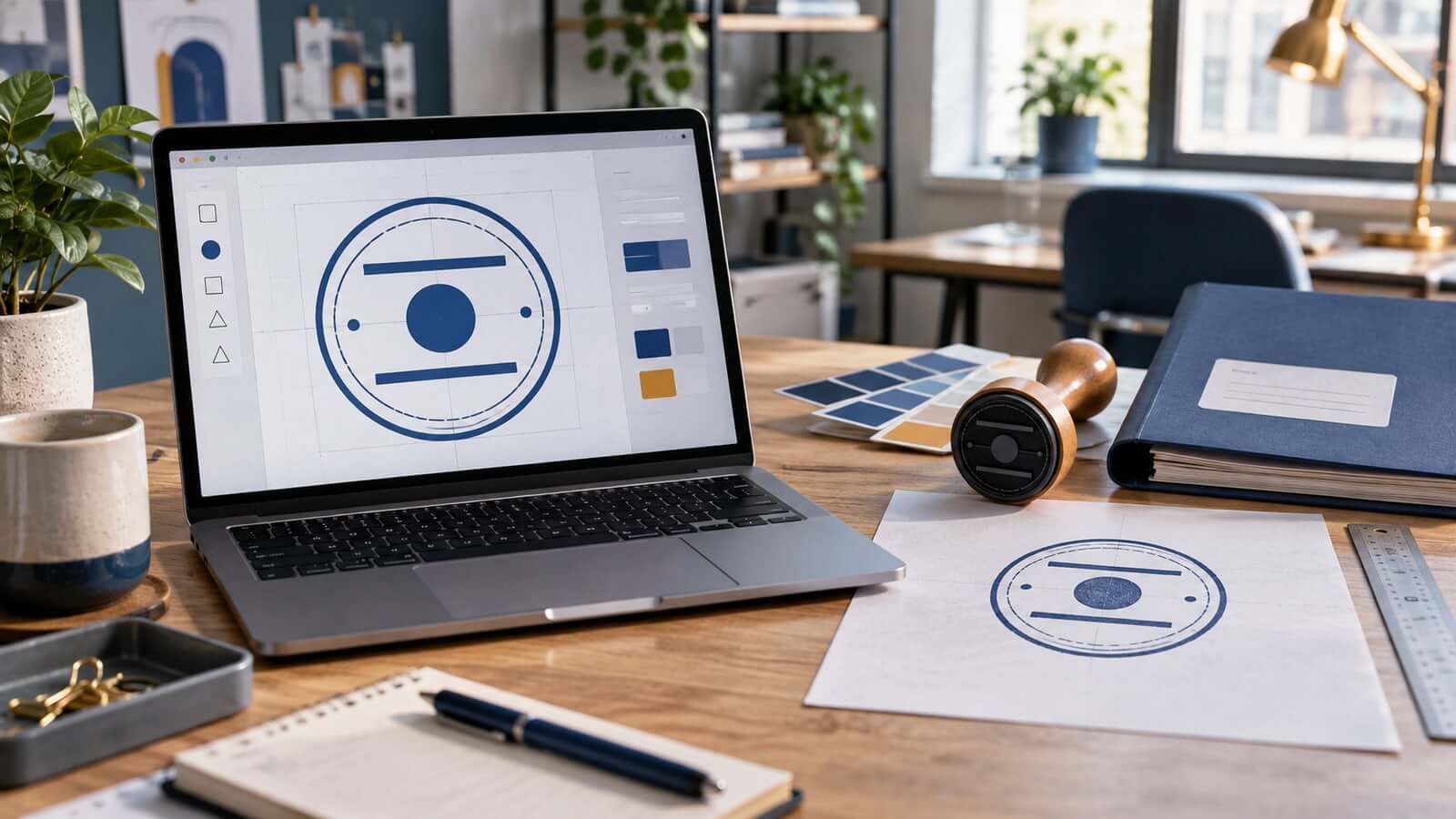 Online stamp editor proof beside a measured paper sample and supplier handoff notes