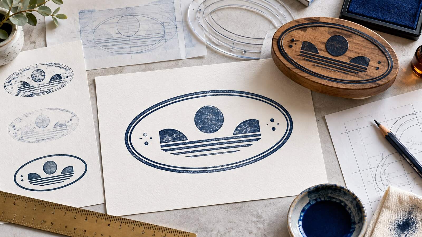 Oval stamp proofs with balanced long-name spacing and curved borders