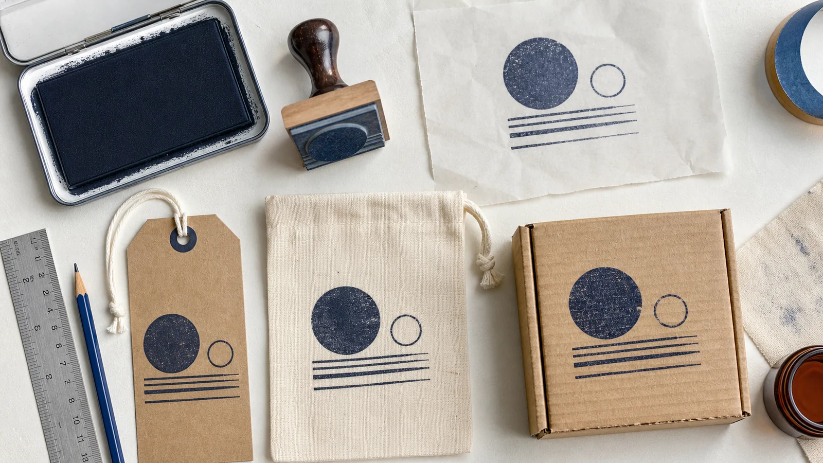 Designer testing a clean packaging stamp on kraft boxes, tissue paper, and cards for a small product brand