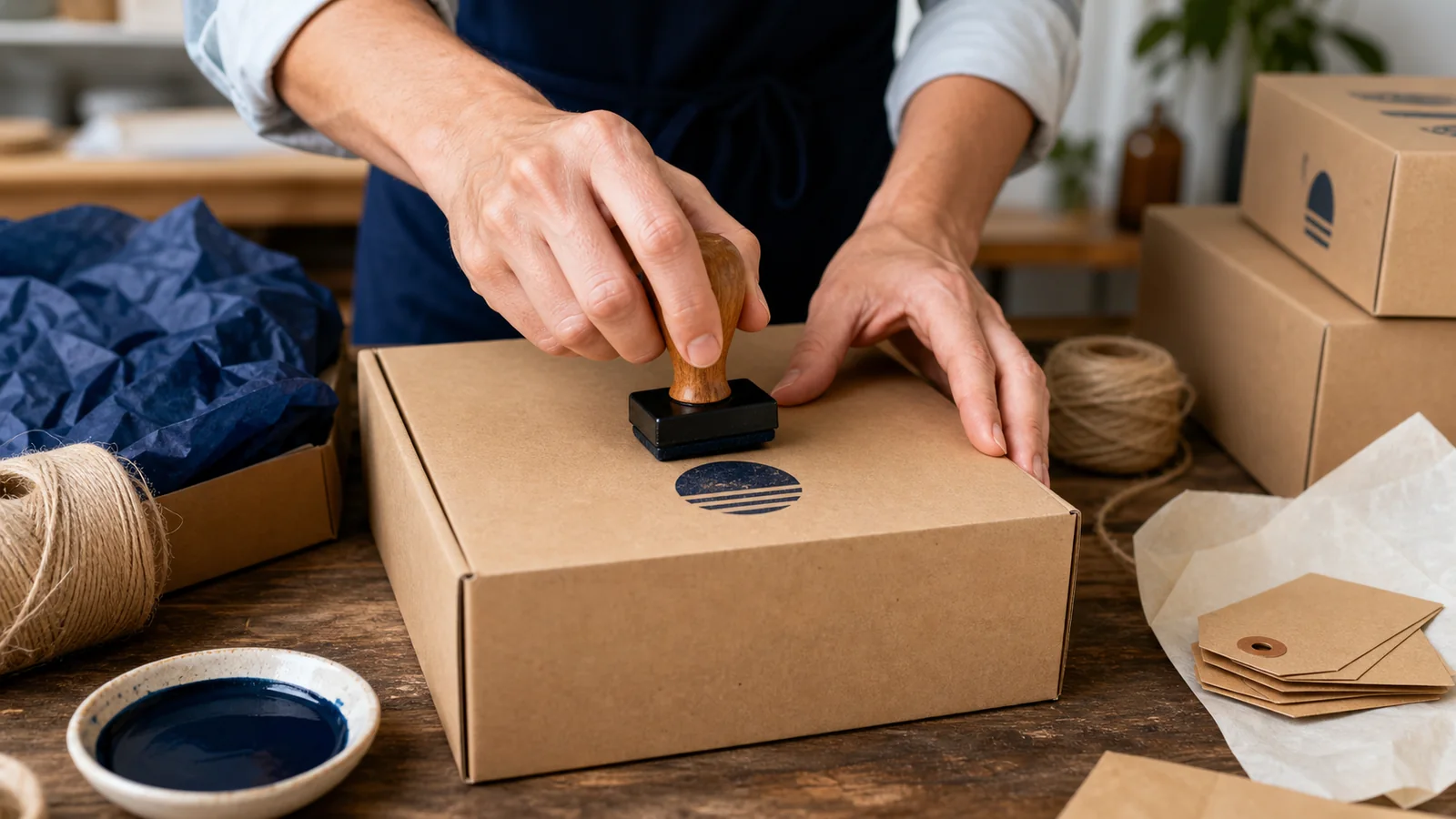 Small brand packaging with simple custom stamp designs