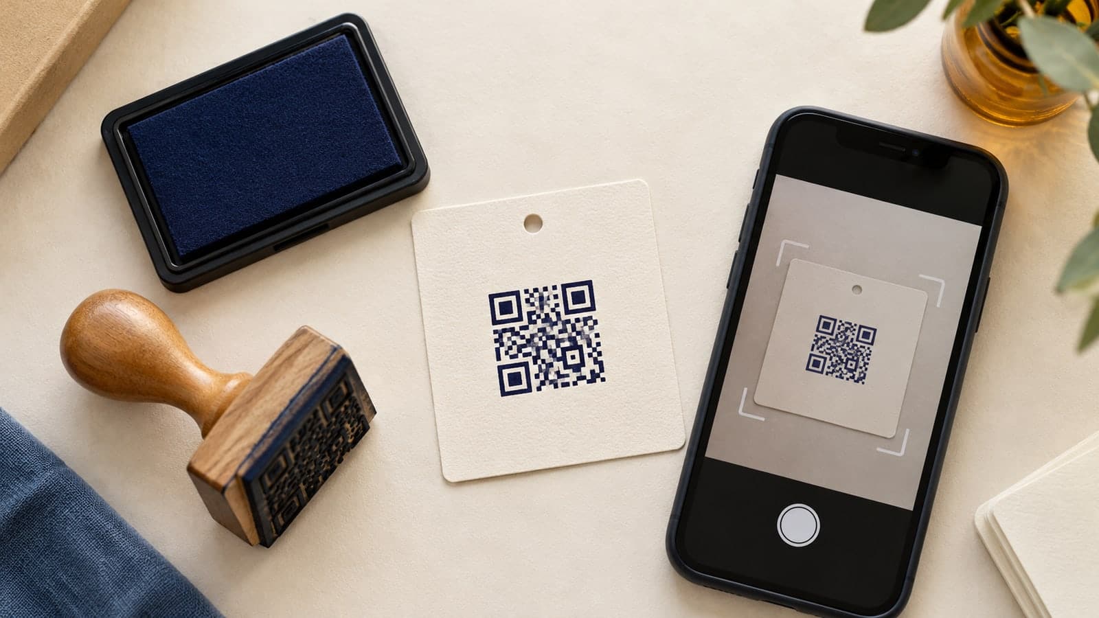 Phone beside a rubber stamp and a packaging card prepared for a QR code scan test