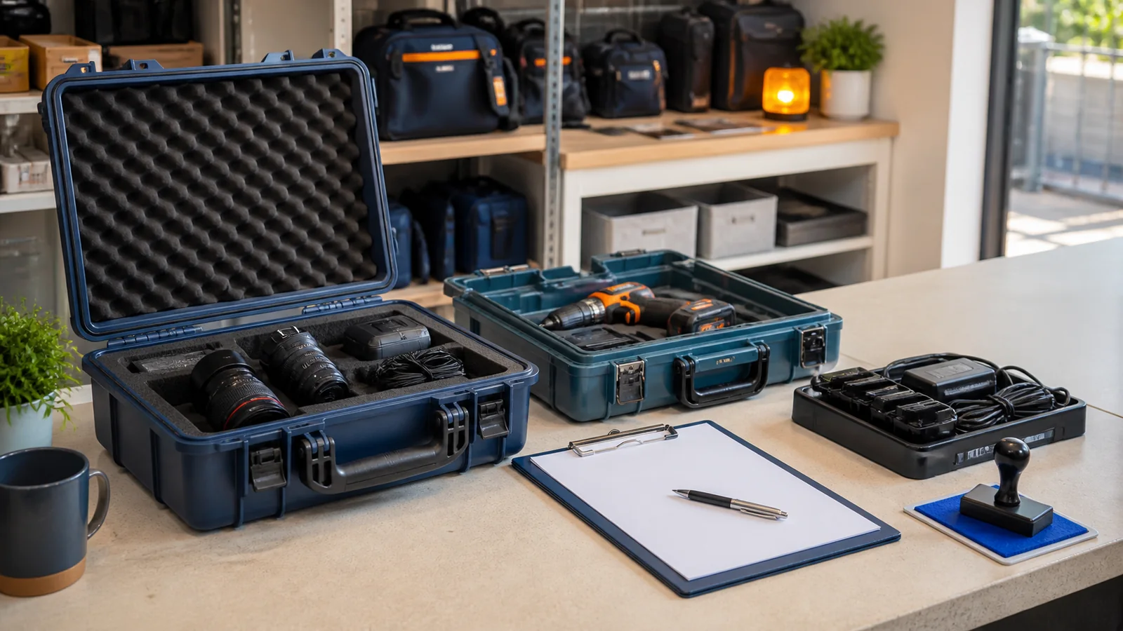 Rental counter with equipment case, return form, accessory tray, and rectangular workflow stamp