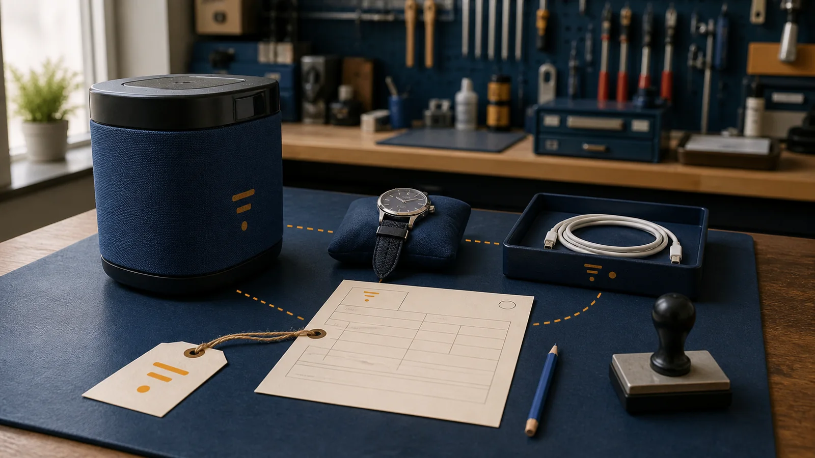 Organized repair counter with a watch, compact appliance, intake slip, accessory tray, and rectangular stamp