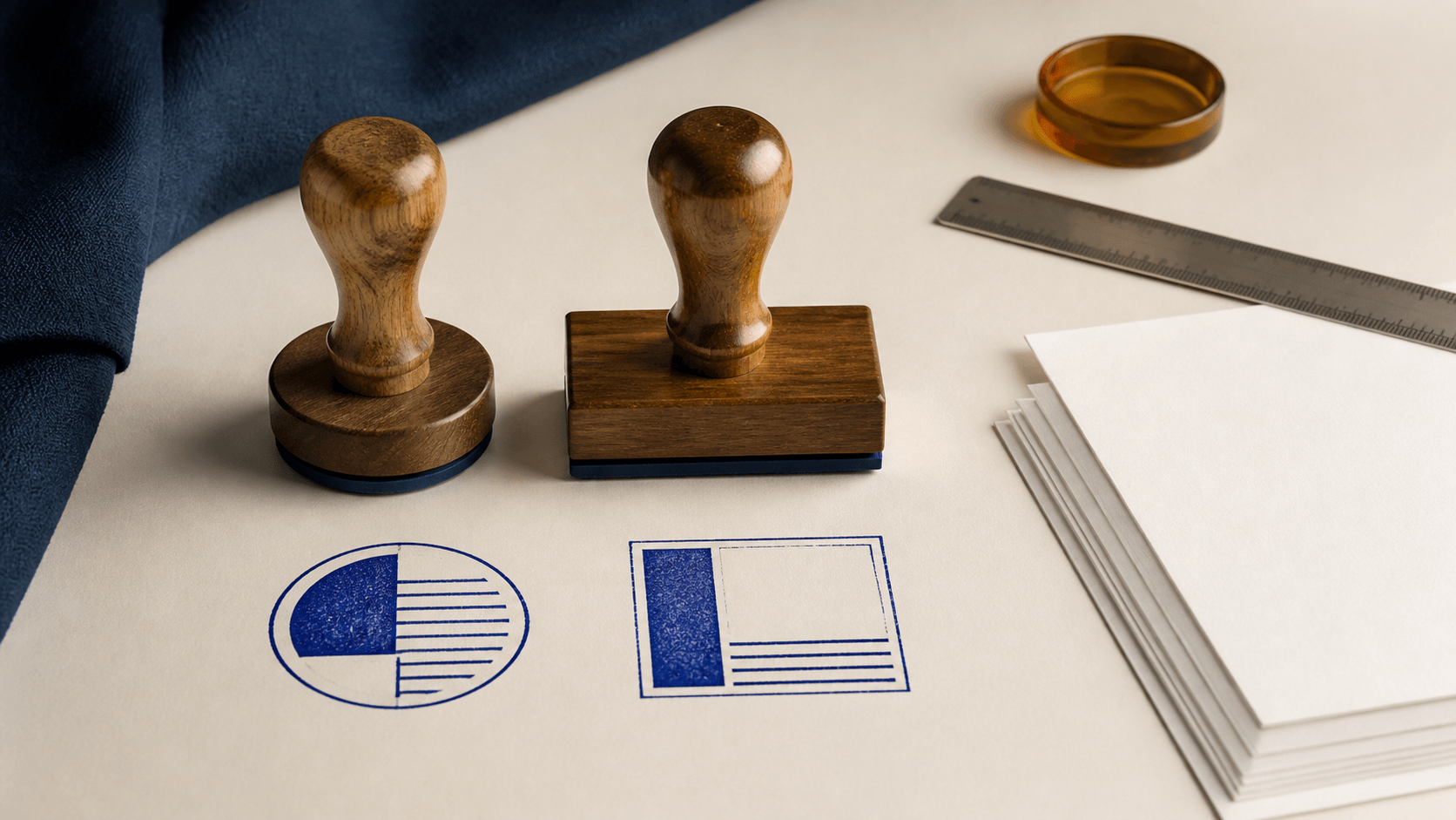 Round and rectangular stamp designs compared on a worktable