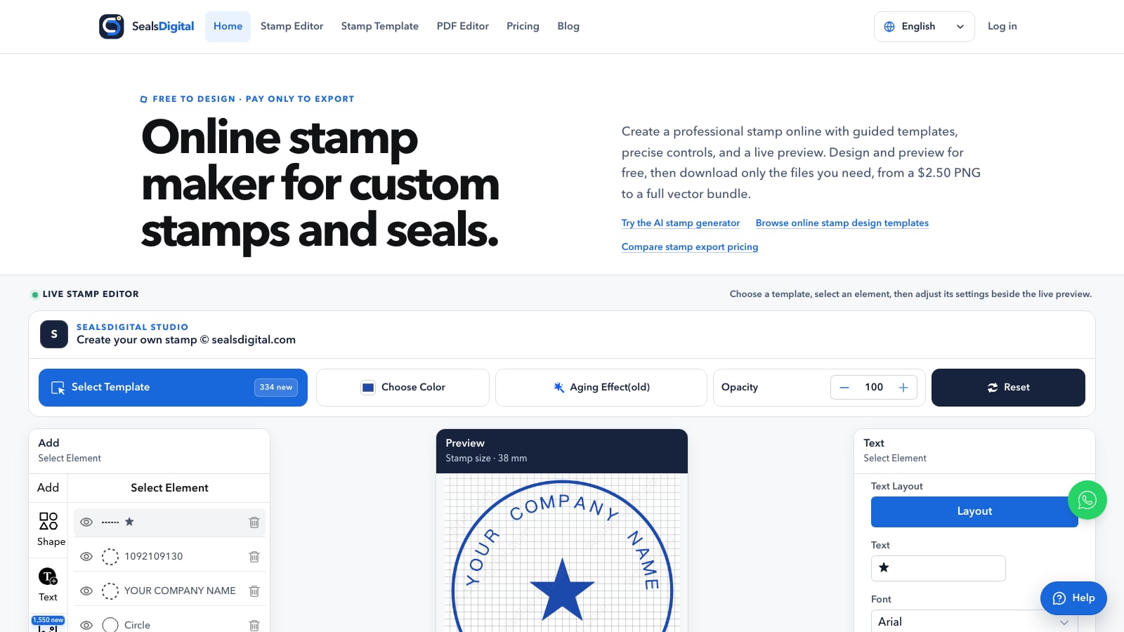 Updated SealsDigital online stamp maker homepage with stamp types, design steps, and export formats