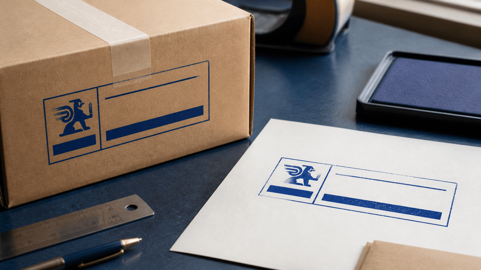 Split-panel rectangular stamp with logo and shipping information zones