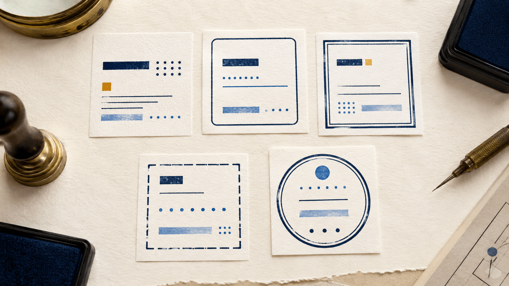 Several clear circular and rectangular stamp border designs compared
