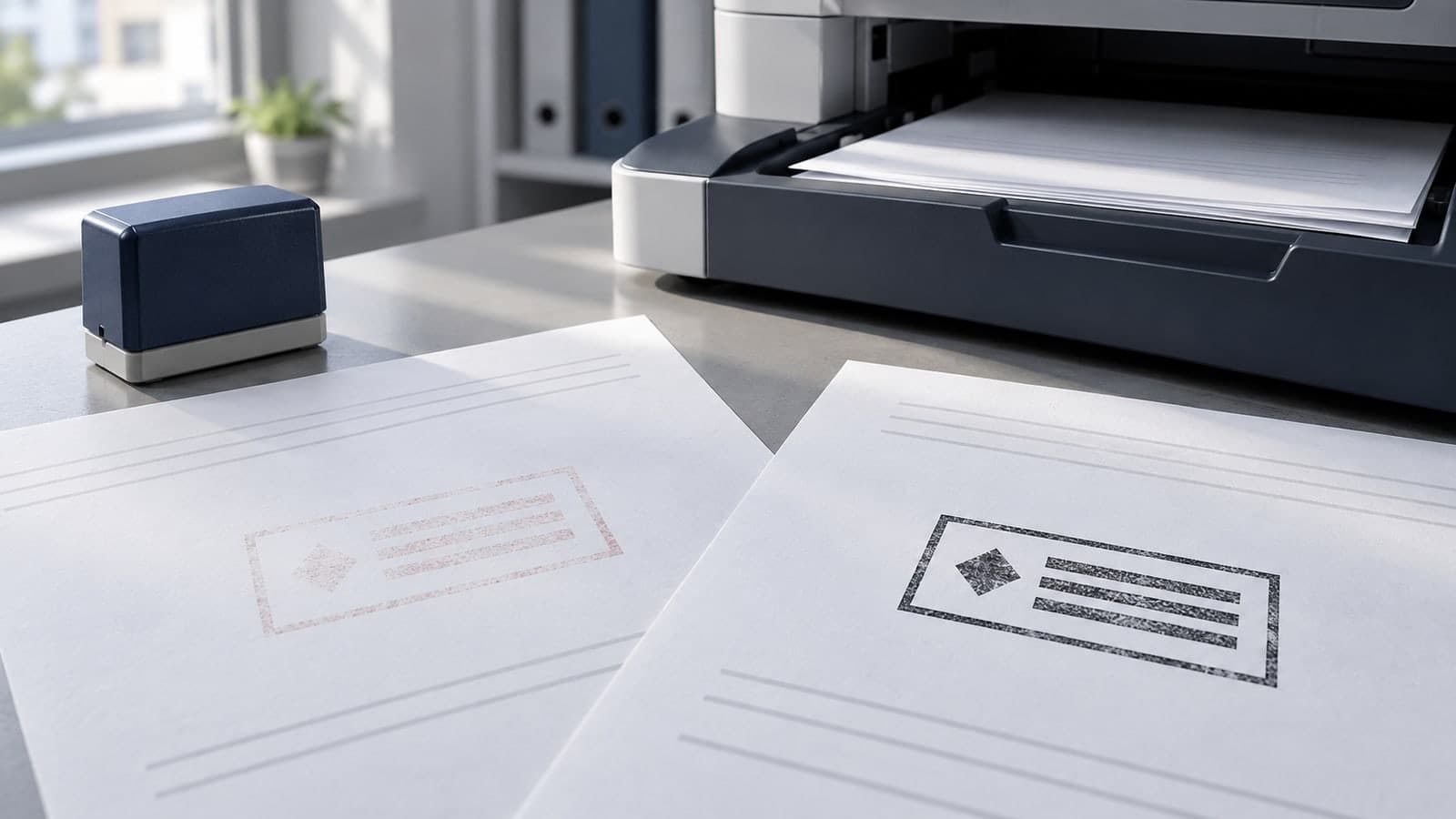 Pale and dark stamp proofs on sheets beside a monochrome copier output tray