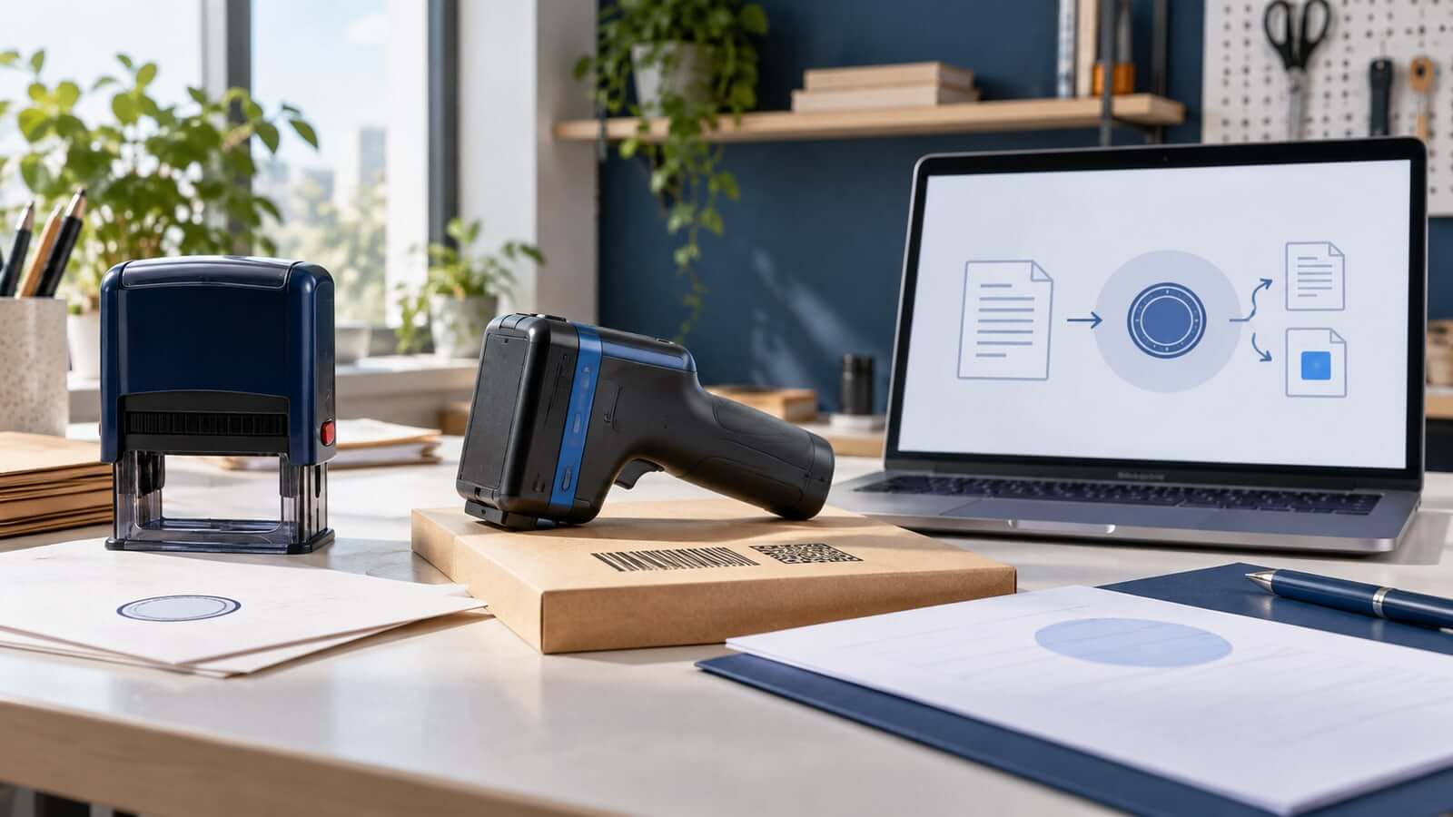 Modern stamp technologies arranged across physical, mobile, and digital document workflows
