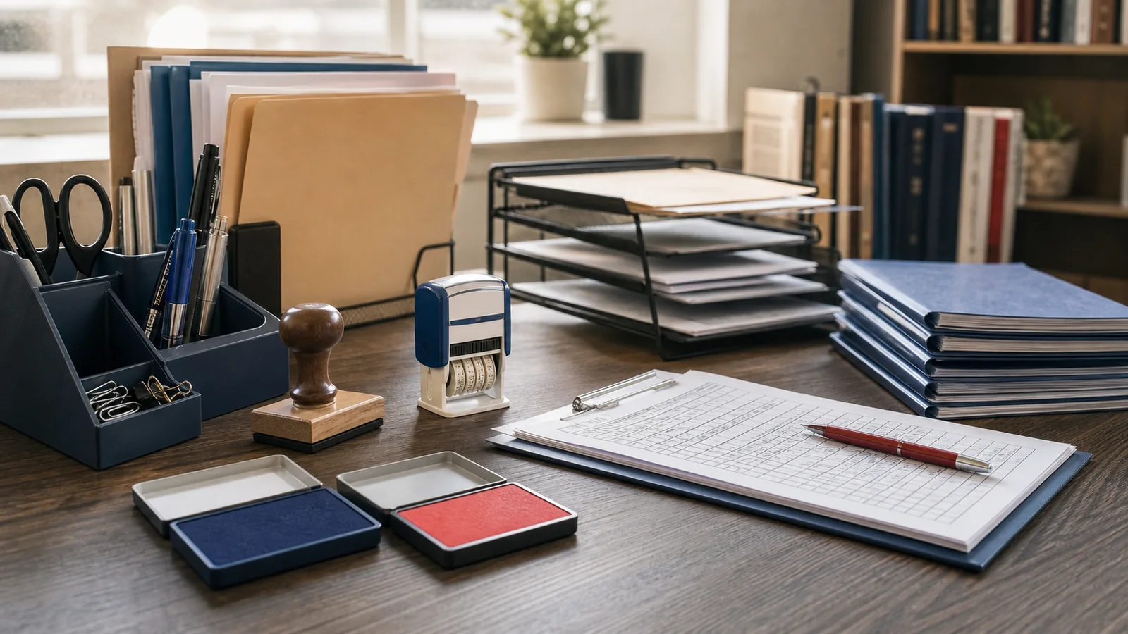 school office desk with stamp kit, date stamp, folders, and ink pads