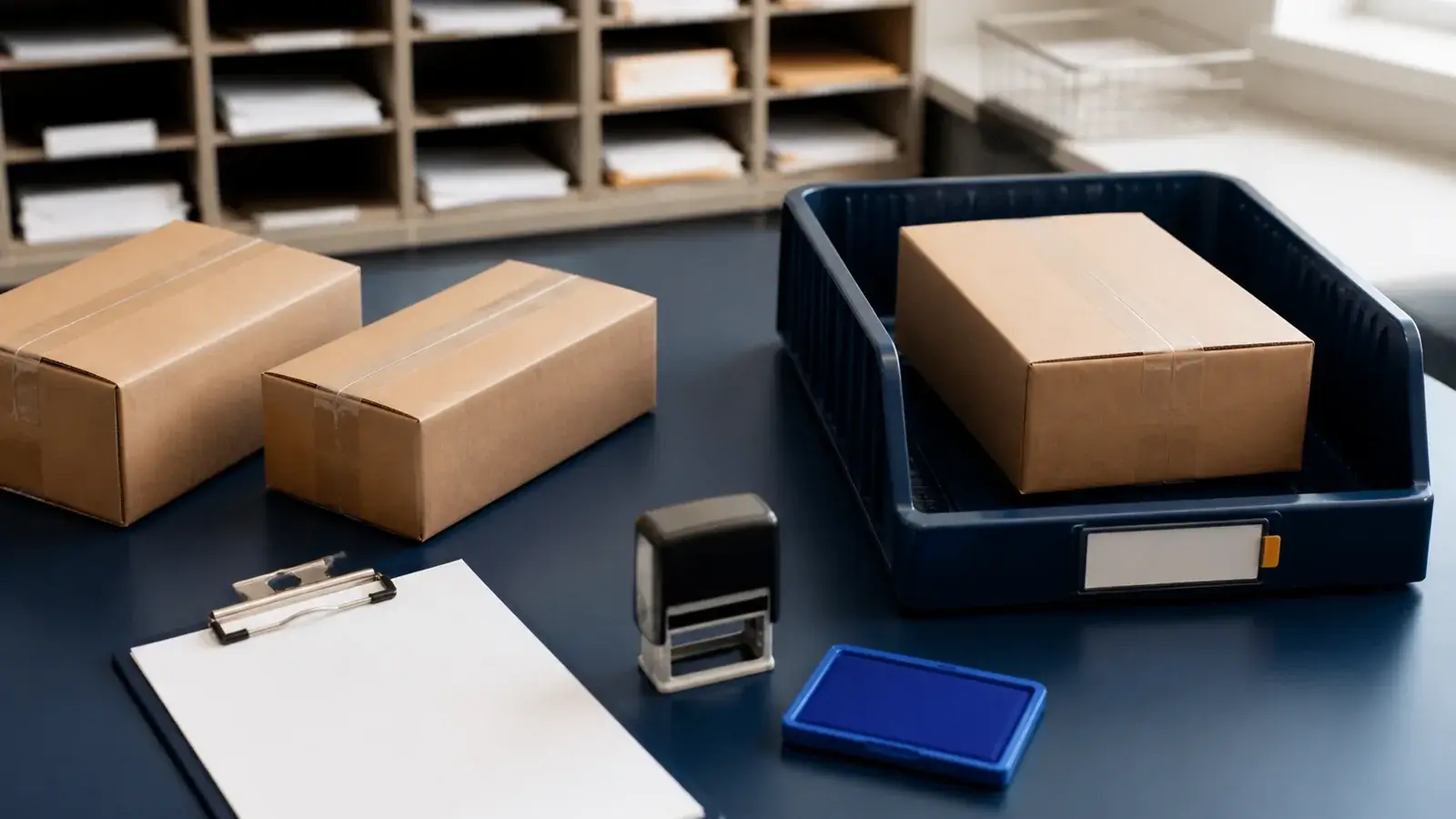 Mailroom exception station with sealed parcels, blank attempt card, shelving tag, rectangular stamp, and blue ink pad