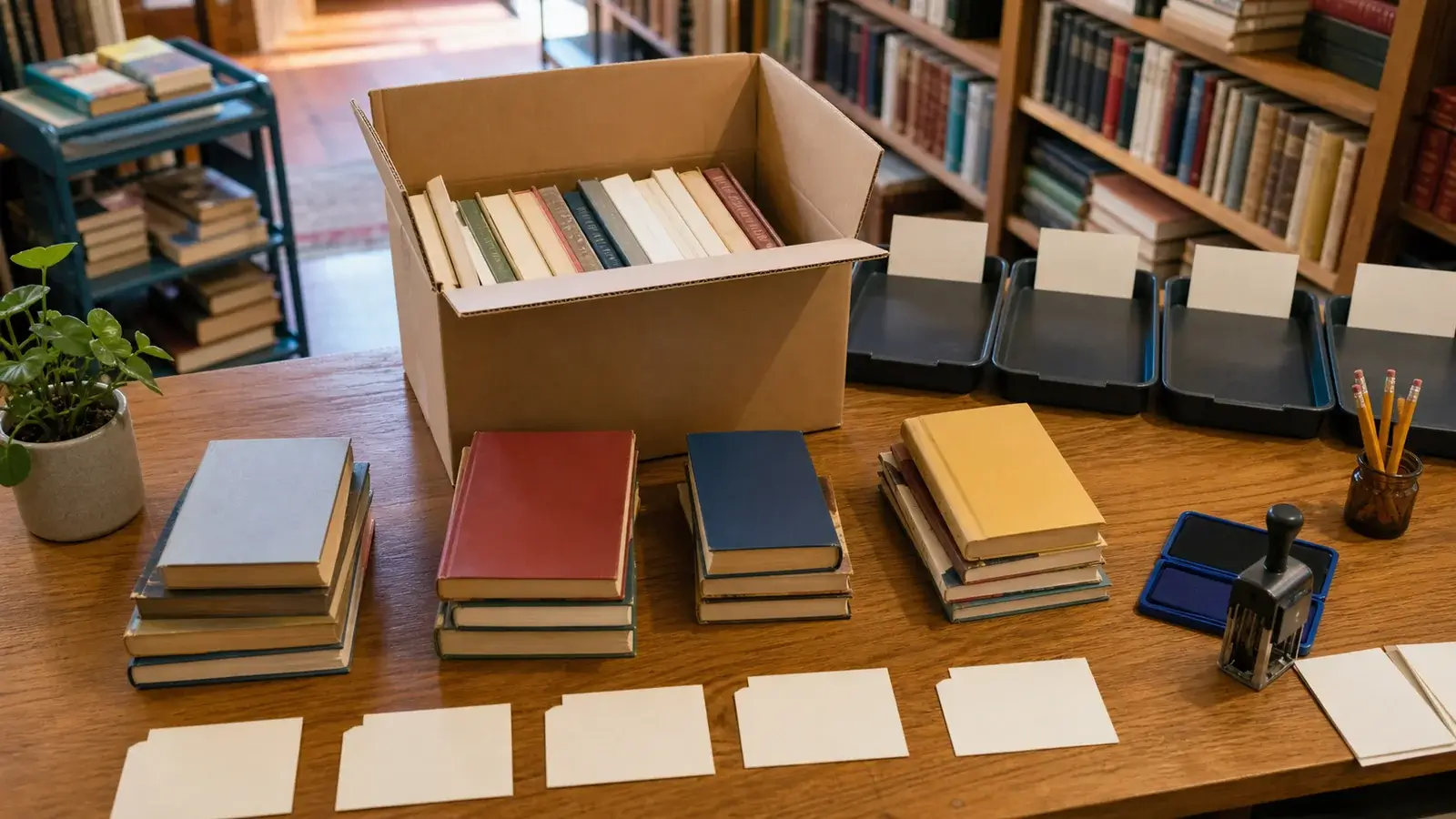 Used bookstore sorting table with stacked books, blank intake cards, received stamp, pencils, and blue ink pad
