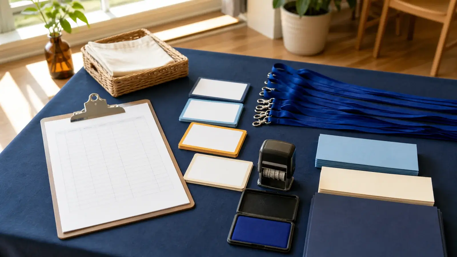 Community hall table with blank volunteer rosters, lanyards, role cards, date stamp, and blue ink pad