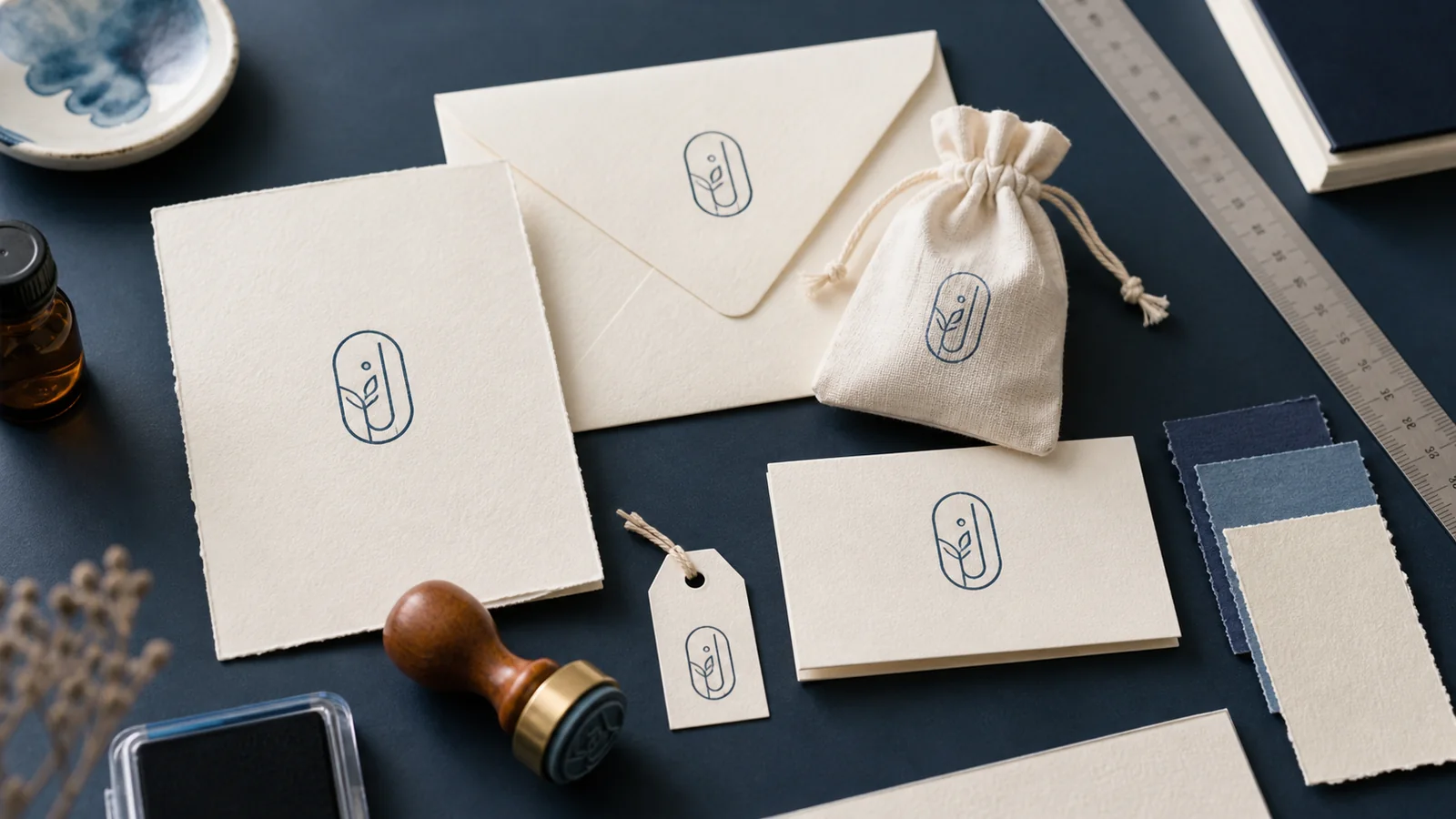 Wedding invitation suite with a monogram stamp, envelope, favor bag, and small paper tag