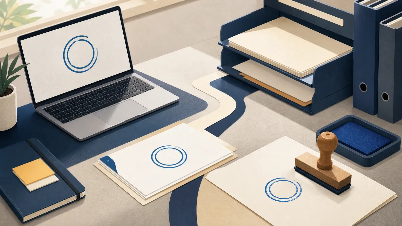 Office workflow using digital stamp files and a physical rubber stamp